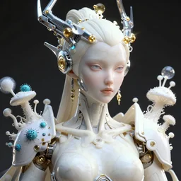 hyper detailed ultra sharp portrait of a beautiful well contoured porcelain marble ivory smooth fair cyborg warrior woman model, up close shot, sharp focus, global illumination, radiant light, biomechanical silver gold currants headdress, cyberpunk brackets, laser cut paper microbes, bubble mushrooms, puffballs, rhizomorphs, alexandre ferra white mecha, irakli nadar, octane highly render, 4 k, ultra hd,