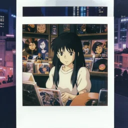 a filmd still polaroid portrait of a 1 9 8 0's disney girl working at a vinyl stall, finely detailed features, closeup at the faces, perfect art, busy cyberpunk city, gapmoe yandere grimdark, trending on pixiv fanbox, painted by ilya kushinov makoto shinkai takashi takeuchi studio ghibli, akihiko yoshida
