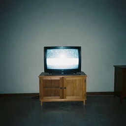 Photograph of an empty room with a TV playing static at night, dusty, wood cabinets, taken using a film camera with 35mm expired film, bright camera flash enabled, slightly foggy, award winning photograph, creepy, liminal space