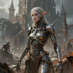 beautiful ancient elf infected with nanomachines, elven city shrouded in rusty metal against blur, highly detailed, digital painting, artstation, sharp focus, illustration, cinematic, art by tan zi and ayanamikodon and alphonse mucha and wlop