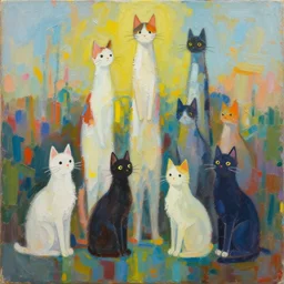 contemporary semi abstract acrylic painting of really tall sitting cats by makoto shinkai, by stanley donwood, kessler art, thick brush strokes and visible paint layers, multicolor color scheme