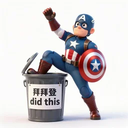 hyperdetailed 3 d cartoon render of cartoon captain america being thrown into a garbage can, a sign reads biden did this, exaggerated facial features, cartoon style, white background, low angle shot, cinematic studio lighting, studio quality, octane render, unreal engine 5, trending on artstation, art by sebastian jm, 8 k
