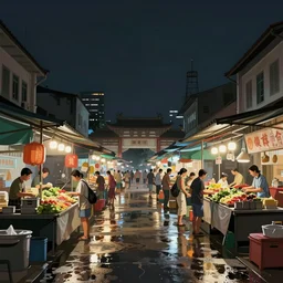 concept art of a singaporean wet market at night, by moebius