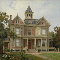 Painting of a grand victorian building with surrounding woodland. High resolution. In the style of John Constable