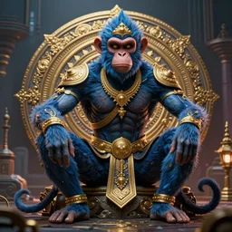 high quality 3 d render ultra realistic mischievous cyborg muscular man monkey blue hybrid sitting, gold madhubani, highly detailed, cyberpunk!! mumbai in the background, unreal engine cinematic smooth, szukalski, moody light, low angle, uhd 8 k, sharp focus