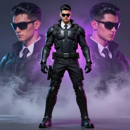 coherent intricate symmetry detailed full body and face character design of realistic alt art androgynous boyish agent slick black hair, white shirt tie kevlar tactical bulletproof armor jacket sunglasses heroic action pose smoky neon background ilya kuvshinov artgerm greg rutkowski alphonse mucha trending