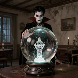 krystal ball posing as a vampire in gothic clothing in a rustic apartment during night