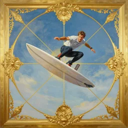 painting of man surfing through the sky, by artgerm, by justin cheung, by greg hildebrandt, by wlop, charlie bowater, golden ratio, symmetric, elegant, ornate, luxury, elite, matte painting, cinematic, trending on artstation, deviantart and cgsociety, 8 k, high resolution