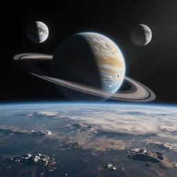 a planet surface with multiple moons in the sky and planetary rings visible from the surface. Natural alien environment