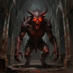 a matte painting of a large demonic monster with glowing fire eyes standing in the center the interior of a gothic church, digital painting, concept art, rusty metal walls, dark colors, muted colors, red colors, tense atmosphere, church cathedral, amazing value control, muted colors, moody colors, dramatic lighting, cinematic lighting, sharp focus, in the style of frank frazetta