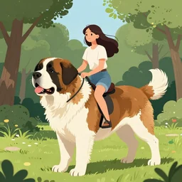 digital art of a woman riding a giant saint Bernard in the park,