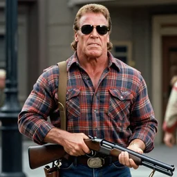 film still of Hollywood Hulk Hogan as Nada wearing a flannel shirt and sunglasses and holding a shotgun with a bandolier in Bank scene in They Live 1988
