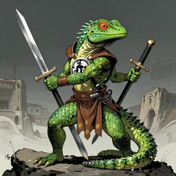 a lizard dressed a sparta with swords, by brian azzarello, illustration
