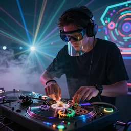 a person wearing goggles and visor and headphones using a record player, wires and tubes, turntablism dj scratching, intricate planetary gears, cinematic, imax, sharp focus, leds, bokeh, iridescent, black light, fog machine, hazy, lasers, hyper color digital art, cyberpunk