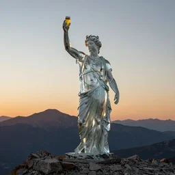 “Shattered glass Apollo statue, holding a beer in his hand, standing on top of a mountain, sunset, detailed but rough, 4k photo, great light and shadows, Sigma 85mm”