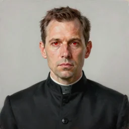 portrait painting of a feral man with red eyes wearing a black cassock, sharp focus, award - winning, trending on artstation, masterpiece, highly detailed, intricate. art by josan gonzales and moebius and deathburger
