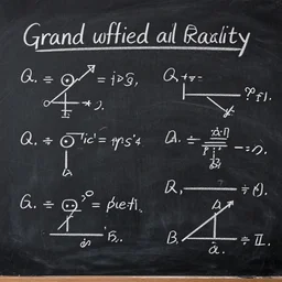 grand unified equations and diagrams that describe all reality written in chalk on a blackboard