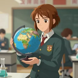a laboratory, ( ( ( ( ( katniss everdeen ) ) ) ) ) as a student, wearing a school uniform, is holding a tiny globe, digital art, greg rutkowski, artstation