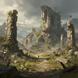 post - apocalyptic stone age ruins, art by greg rutkowski and artgerma, stunning concept art