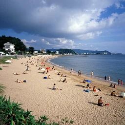 90s Japan, Professional photograph, bright colors, crowded beach, summer.