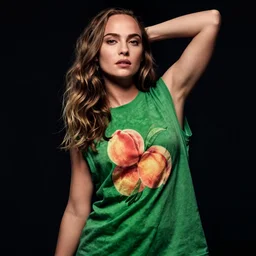 a beautiful natalie portman wearing a long loose green sleeveless t - shirt with peaches, seductive pose, ultrarealistic, dramatic lighting, cinematic, artstation, high detail, by hajime sorayama, peter mohrbacher, boris vallejo, aaron horkey