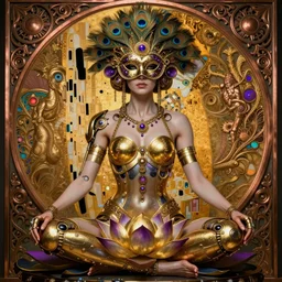 photo of a beautiful female steampunk half cyborg with a elaborate peacock carneval mask, lotus position, artwork by james jean, hyperdetailed realistic gold and purple metallic, blue eyes, jean delville, art nouveau, gustav klimt, ornate copper patina gothic icon, james jean, hyperdetailed photorealistic octane render, long shot,