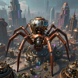enormous mechanical spider, city-sized, steampunk art, psychedelic art, trending on artstation