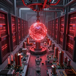 an immaculate octane redshift render of the nexus between a vast modern computing center and an alchemist\'s lab with exposed circuit boards, nixie tubes and tesla coils by Zdzisław Beksiński and beeple, beautiful modern colors, ultradetailed, 4k ultra