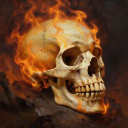 fiery skull contemplating life, detailed, painted by raymond swanland