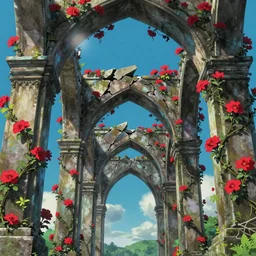 broken arches leading to the pillars of eternity draped with red flowers and vines, blue sky, lens flare, a sense of mystery, cinematic, ultra detailed, intricate, sharp focus, trending on artstation, 8K, animation still by Hayao Myazaki