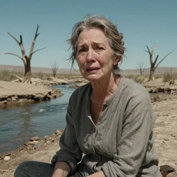 close shot of a 65-year-old Gaia, crying one single tear, facing the camera and sitting on a dried up river in a desolate land, dead trees, blue sky, hot and sunny, highly-detailed, elegant, dramatic lighting, artstation, 4k, cinematic landscape, photograph by Elisabeth Gadd