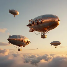 beautiful blimps! high in the sky, copper chains hanging from the edges, ( ( steampunk styled ) ), golden hour, steam clouds, clouds, award winning photography, highly detailed, low poly, extremely wide angle