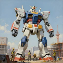 a beautiful painting of construction workers building a large super robot, trending on artstation