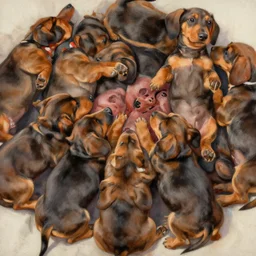 color painting of many dachshund puppies nursing,
