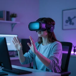 a girl wearing vr headset in a cyan and purple lit room