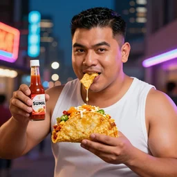 sumo wrestler eating crispy tacos, holding hot sauce, portrait, photo realism, bokeh background, neon lights, city background, high definition, slr