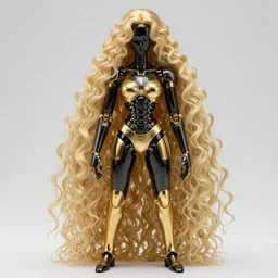 an expensive obsidian gilded android showing off his long fluffy blond curly hair by Hajime Sorayama