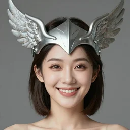 Smiling sorceress. Asian woman with short-cut shoulder length hair, wearing a winged helmet.  Art by William-Adolphe Bouguereau. During golden hour. Extremely detailed. Beautiful. 4K. Award winning.