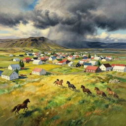 a beautiful painting of a icelandic farm, one icelandic horses galloping, storm clouds gathering over the town, by studio ghibli 8 k pastel colours, isometric, six point perspective, drone shot, smeared watercolours, golden light, film grain