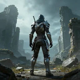 destiny 2 hunter looking over old world ruins, unreal engine, artstation, soft light, cool armor by joseph cross