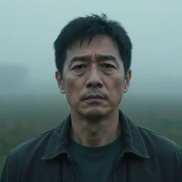 a cinematic headshot portrait of an emotional middle aged male stood in a fog filled field, a neon light shines in the distance, perfectly lit face, ultra realistic, depth, beautiful lighting
