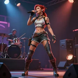 highly detailed full body character art of (Aloy from Horizon: Zero Dawn) as a rock star singing at the rock concert, full body, highly detailed, photo realistic, energetic atmosphere, 8K, octane render, unreal engine