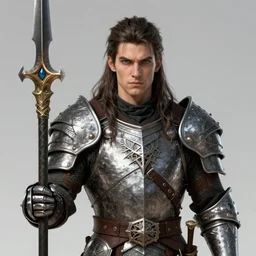 A realistic anime portrait of a young handsome male barbarian with long wild hair, intricate fantasy spear, plated armor, D&D, dungeons and dragons, tabletop role playing game, rpg, jrpg, digital painting, by Ayami Kojima and Yusuke Murata and Kentaro Miura, concept art, highly detailed, promotional art, HD, digtial painting, trending on ArtStation, golden ratio, rule of thirds, SFW version