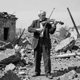 An old photo of an old man playing the violin while standing in the rubbles after a war, unreal engine, black and white schemed, trending on artstation