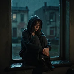sadie sink in hoodie sits on windowsill, knees tucked in as rain falls at night, old tenements in background : 3 5 mm film, single long shot from schindler's list by steven spielberg. cyberpunk, cinematic atmosphere, detailed and intricate, perfect anatomy