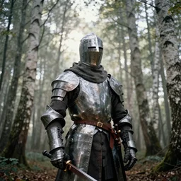 lonely medieval knight in a birch tree forest, by trent parke, overexposed, film grain