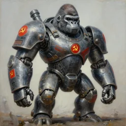 an intricate oil painting of a giant chinese armored gorilla shaped scrap metal mecha by simon stalenhag, soviet decals