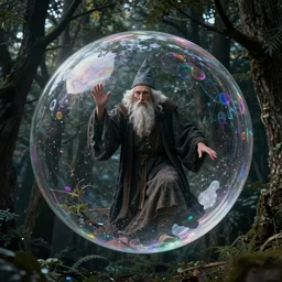 an old wizard trapped inside a floating soap bubble among the trees, ethereal, fantasy, style of leonardo da vinci, dramatic lighting