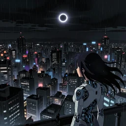 android mechanical cyborg anime girl overlooking overcrowded urban dystopia. 1:00AM long flowing hair. gigantic future city. pitch black night. raining. makoto shinkai. wide angle. distant shot. dark and dreary. solar eclipse.
