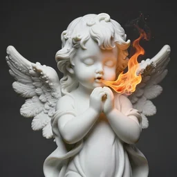 marble angel statue with puffed cheeks breathing fire, realistic